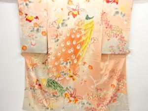 大正ロマン　錦紗孔雀に桐模様刺繍一つ紋着物